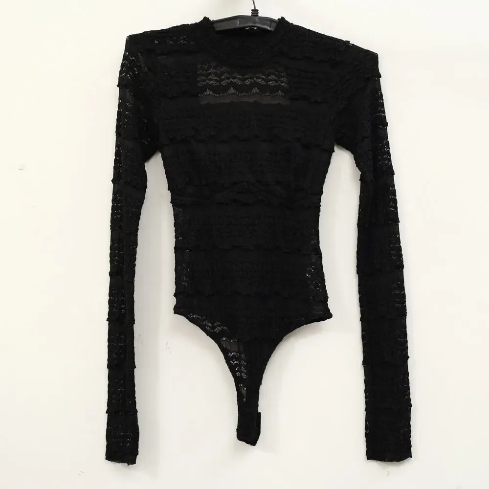 Free People Intimately Angelina Bodysuit Top Sheer Long Sleeve Black M 289801